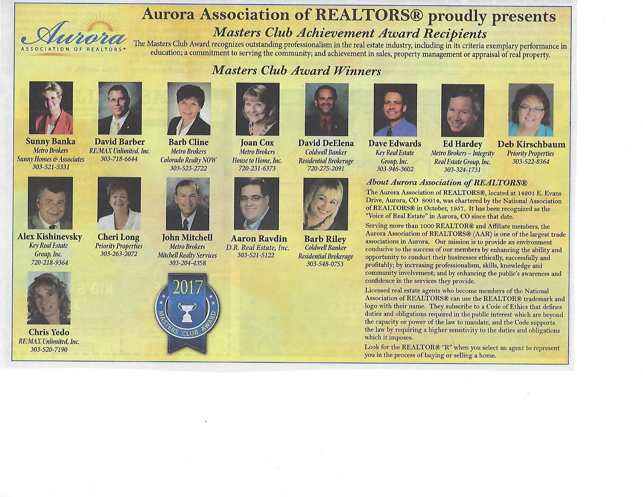 Aurora Association of REALTORS® Masters Club 2017